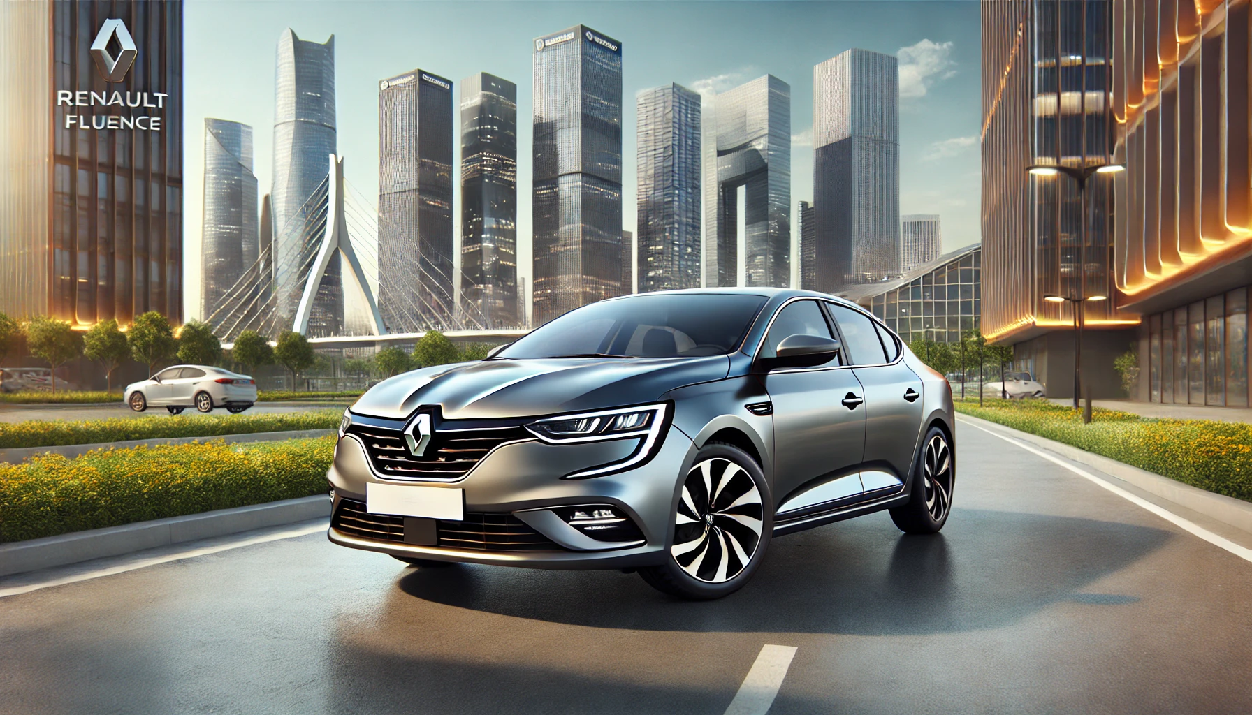 Bilgili Usta - Renault Fluence Alınır Mı? Artıları, Eksileri, Motor Çeşitleri, Paket Seçenekleri ve Yakıt Verimliliği - DALL·E 2024 11 24 14.29.01 A realistic digital rendering of a modern sedan car inspired by the Renault Fluence with a metallic gray finish. The car is placed in a vibrant city